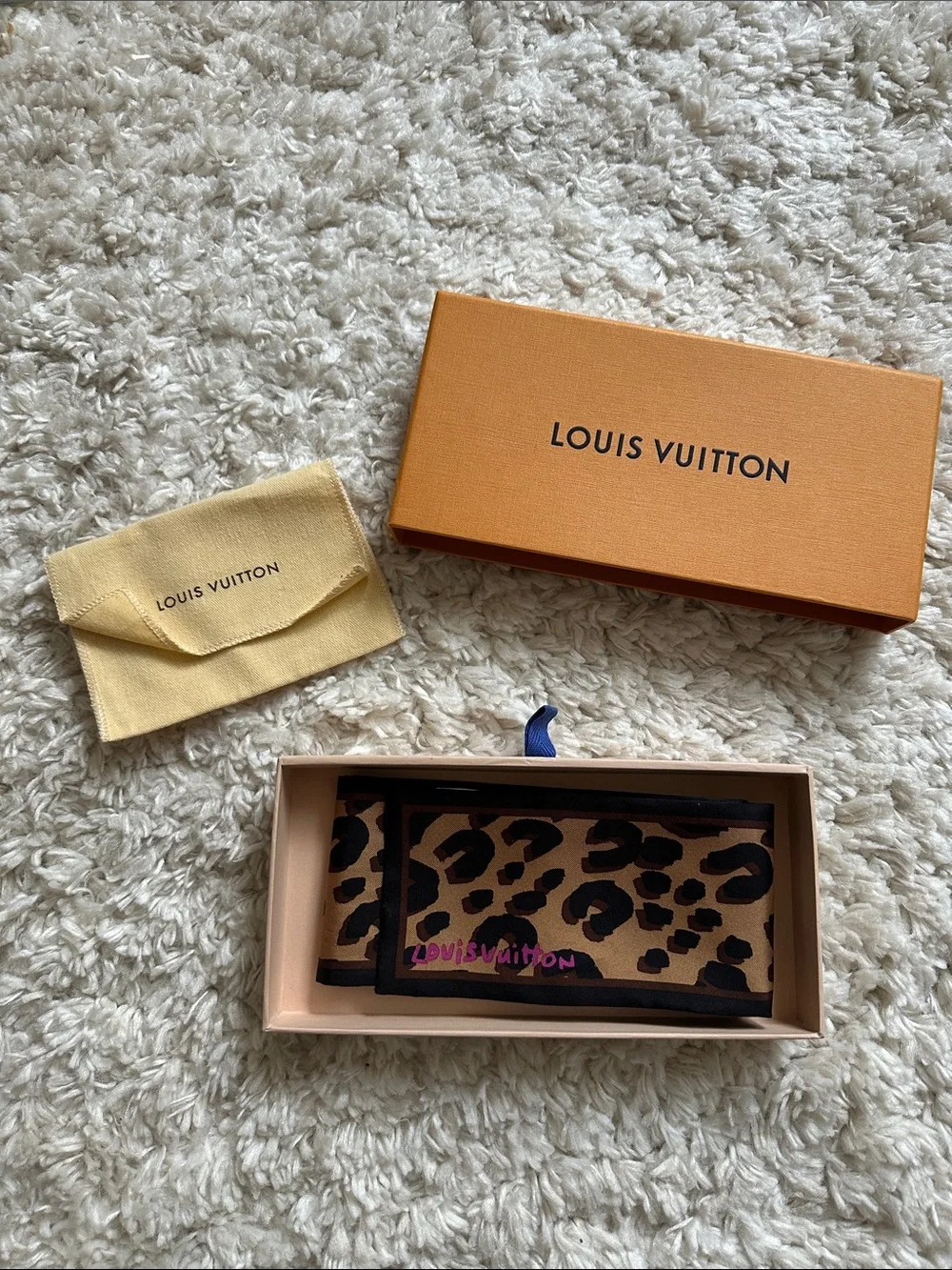 Louis Vuitton Leopard Silk Scarf in Brown and Black with Pink Logo